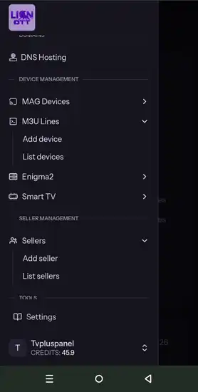 Lion OTT reseller panel menu